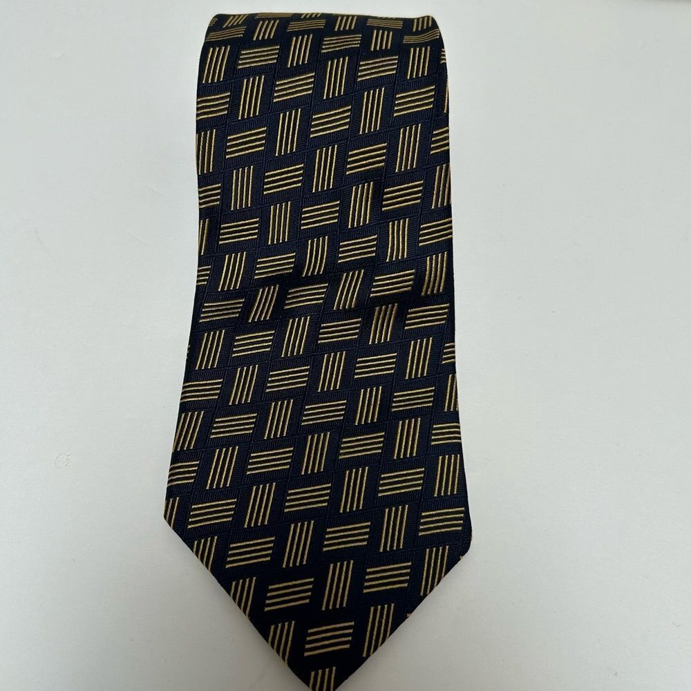 Lauren Ralph Lauren Navy & Gold Silk Tie Rectangle Lines
